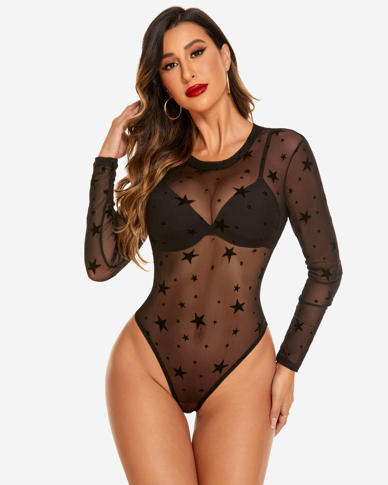 Mesh Sheer Leopard Long Sleeve Bodysuit