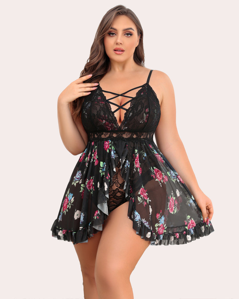 Plus Size FPrint Snap Crotch Babydoll