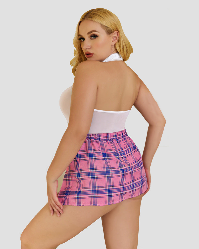 Plus Size Bodysuit Plaid Skirt with Tie Halter