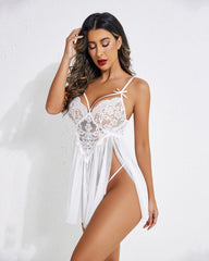 V Neck Strap Mesh Side Slit Nighty
