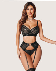Sheer Mesh 3 Piece Bra and Panty Set with Garter Belt