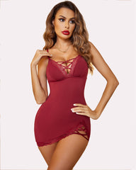 Lace V-Neck Full Slip Side Slit Sleep Dress