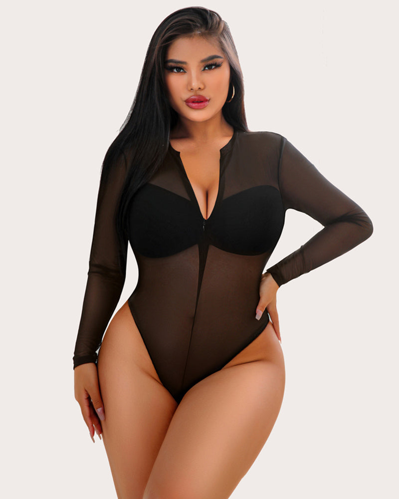 Leopard Zipper Sheer Bodysuit