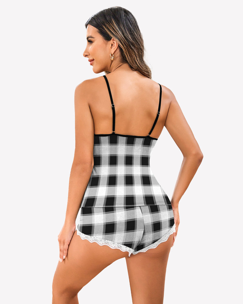 Plaid Pajamas Lace Trim Short Pjs Sets