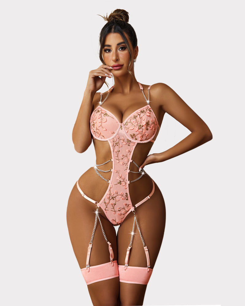FBodysuit Push Up Lingerie Chain Garter Set