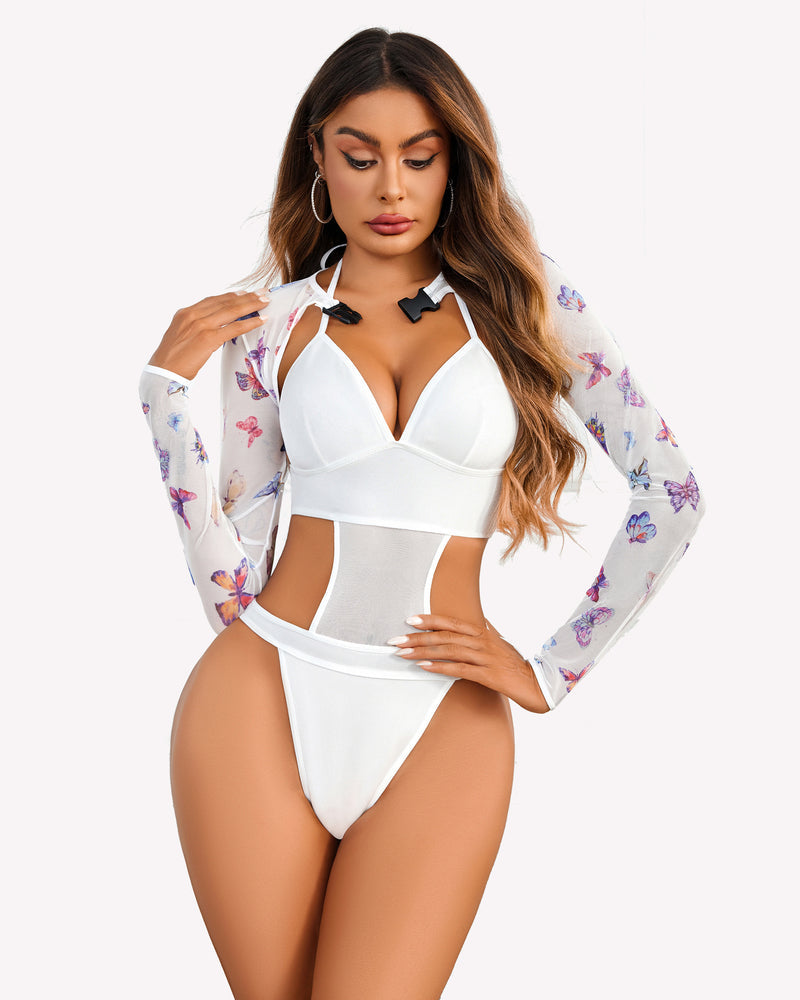 Bodysuit Buckle Shrug Crop Top Set