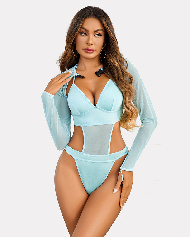 Bodysuit Buckle Shrug Crop Top Set
