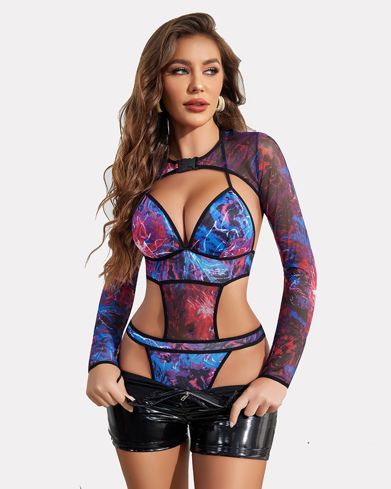 Butterfly Rave Outfits Bodysuit Crop Top Set