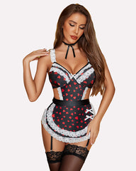 Cosplay Maid Outfit Plaid Lace Teddy