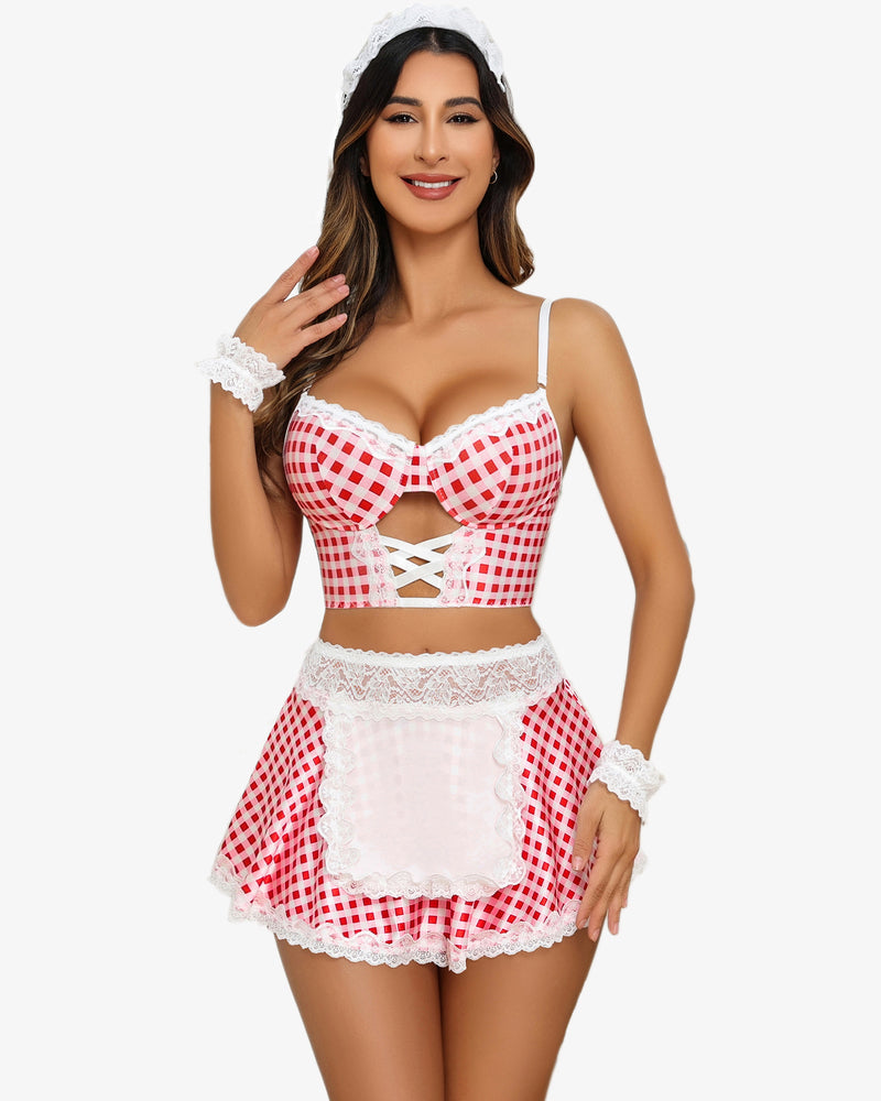 Plaid Contrast Lace Maid Costume Set