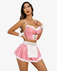 Plaid Contrast Lace Maid Costume Set