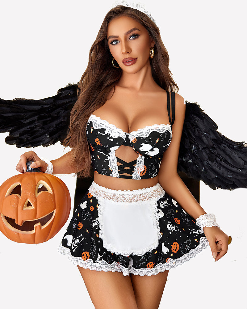 Plaid Contrast Lace Maid Costume Set