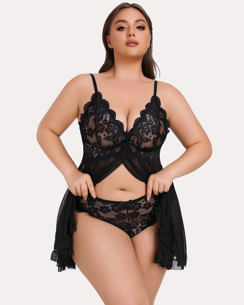Plus Size Lace Open Front Babydoll