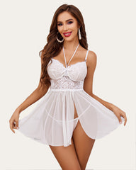 Lace Print Babydoll Mesh Slit Boudoir Sleepdress