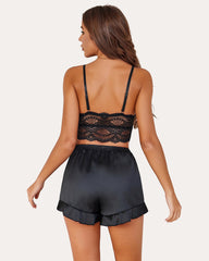FPajamas Set Lace Bralettes and Silk Ruffled Shorts