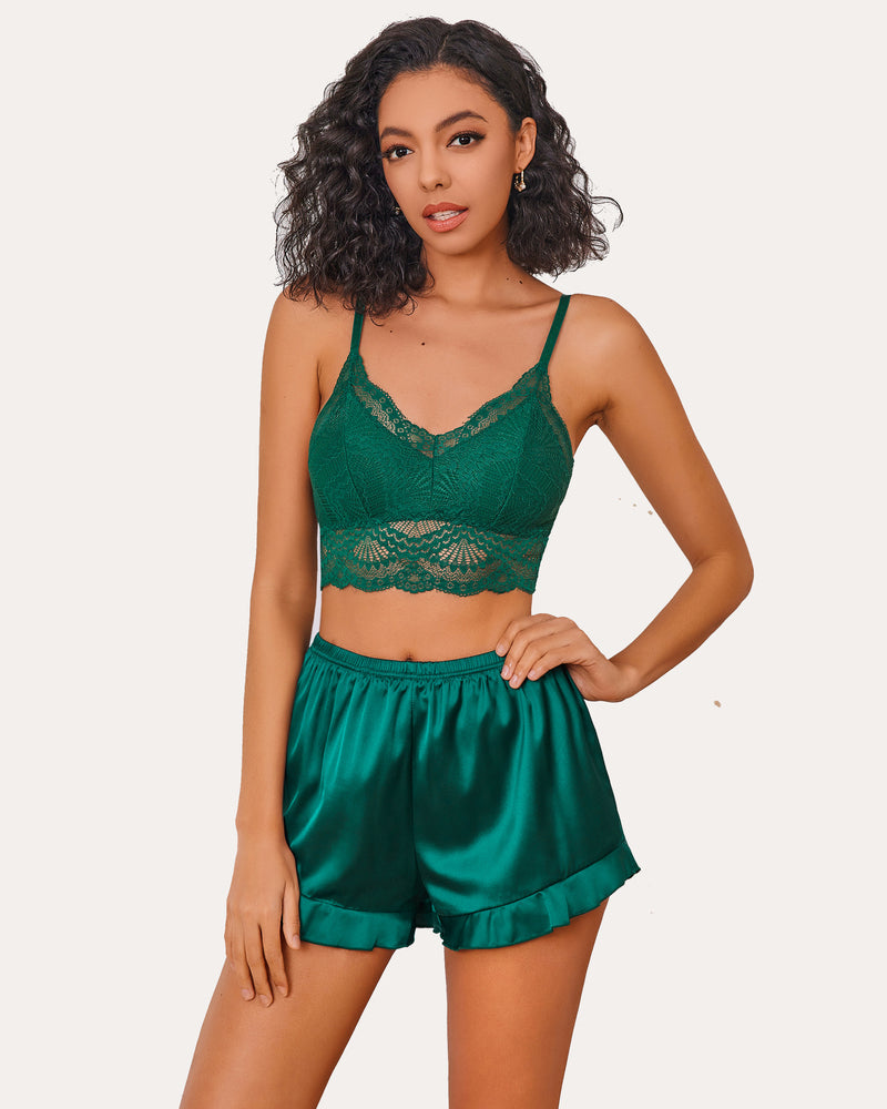 FPajamas Set Lace Bralettes and Silk Ruffled Shorts