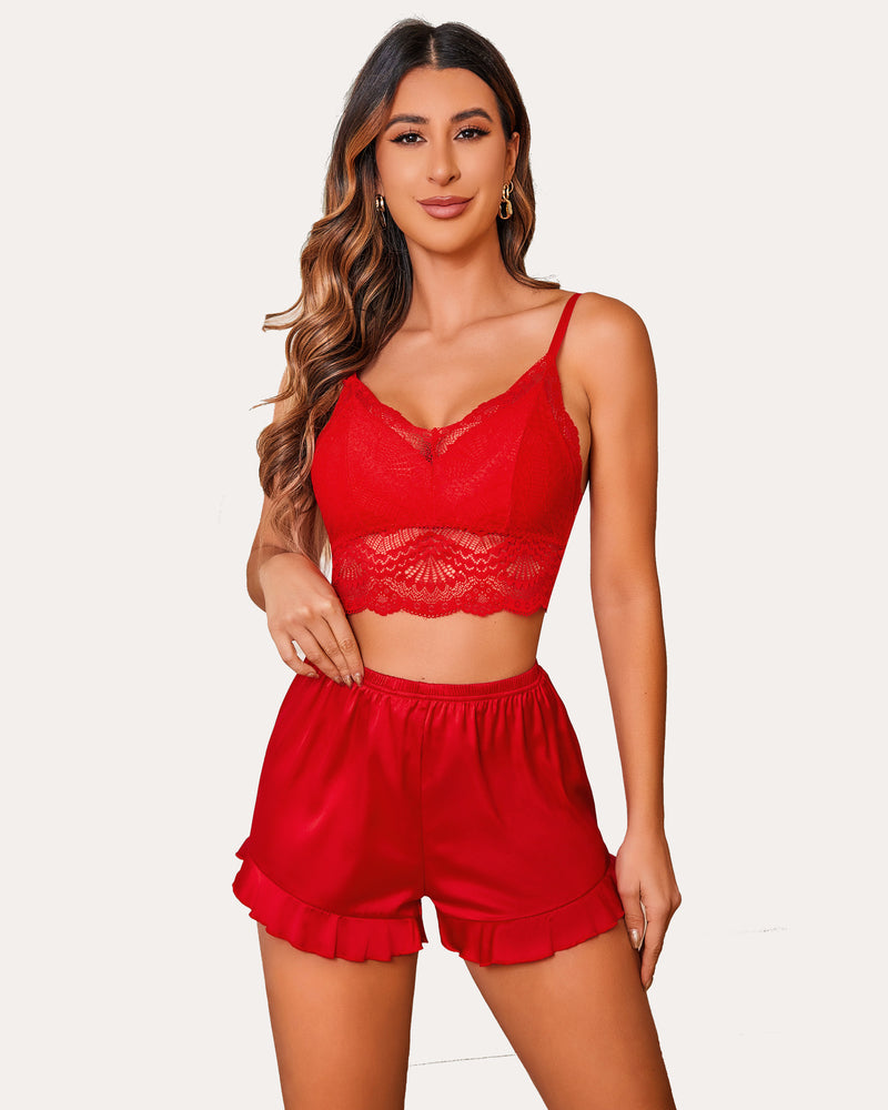 FPajamas Set Lace Bralettes and Silk Ruffled Shorts