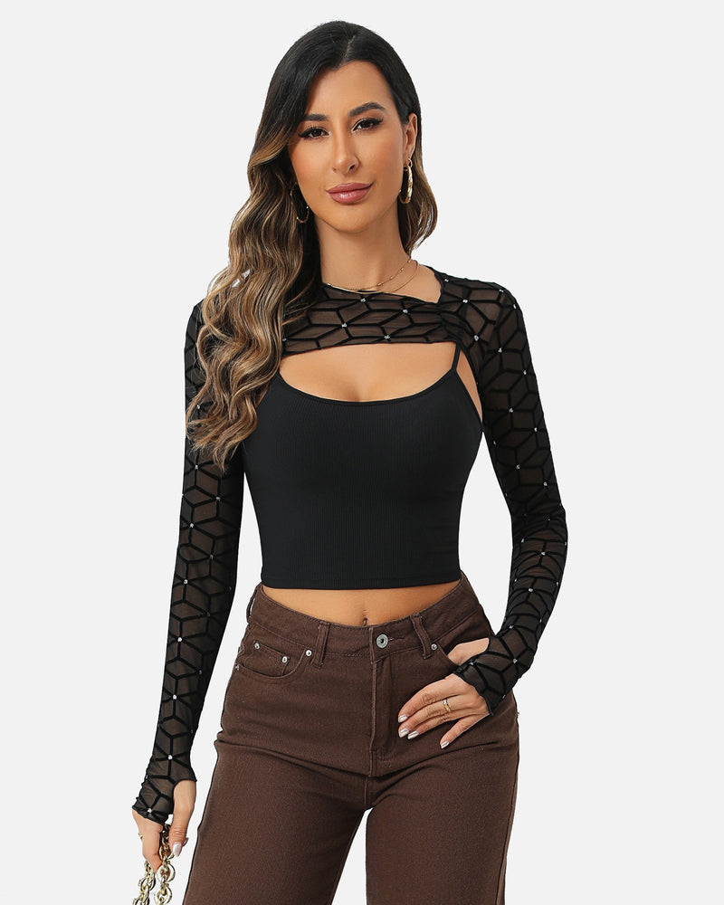 2 Pcs Sets Mesh Crop Top with Cami Top