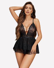 Lace Mesh Deep V-Neck Babydoll