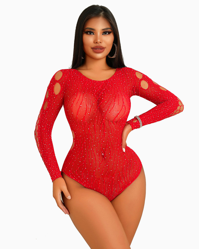 Rhinestone Fishnet Bodysuits Mesh Top