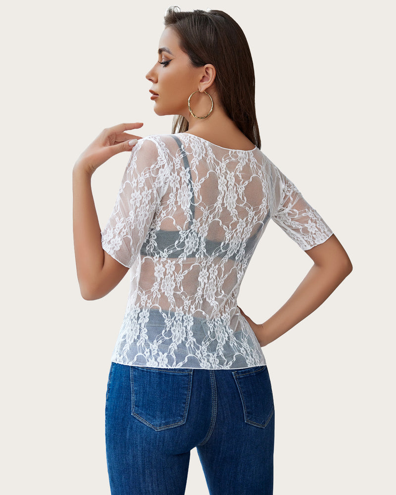 Mesh Top Short Sleeve FLace Tee Shirts