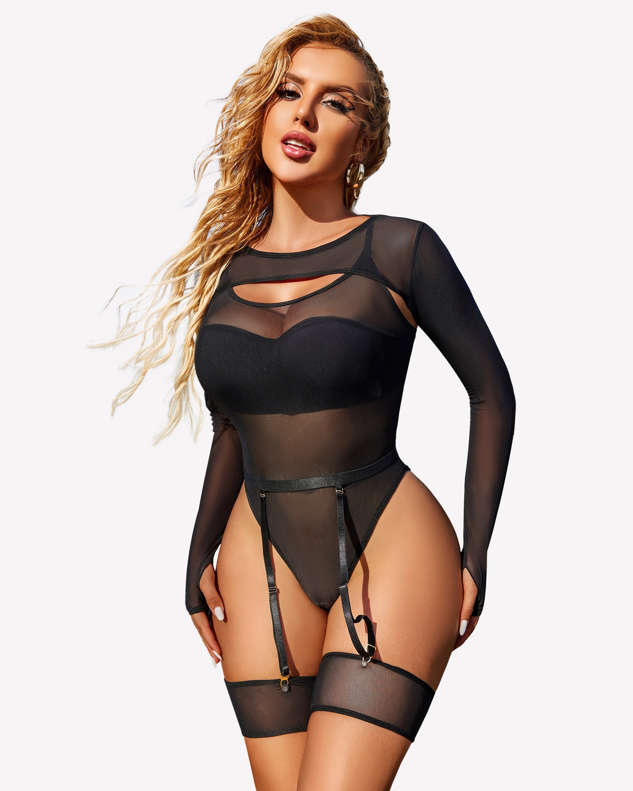 Long Sleeve Mesh Top Teddy Sheer Leotards