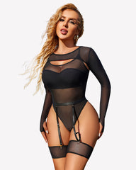 Long Sleeve Mesh Top Teddy Sheer Leotards