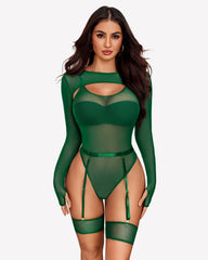 Long Sleeve Mesh Top Teddy Sheer Leotards