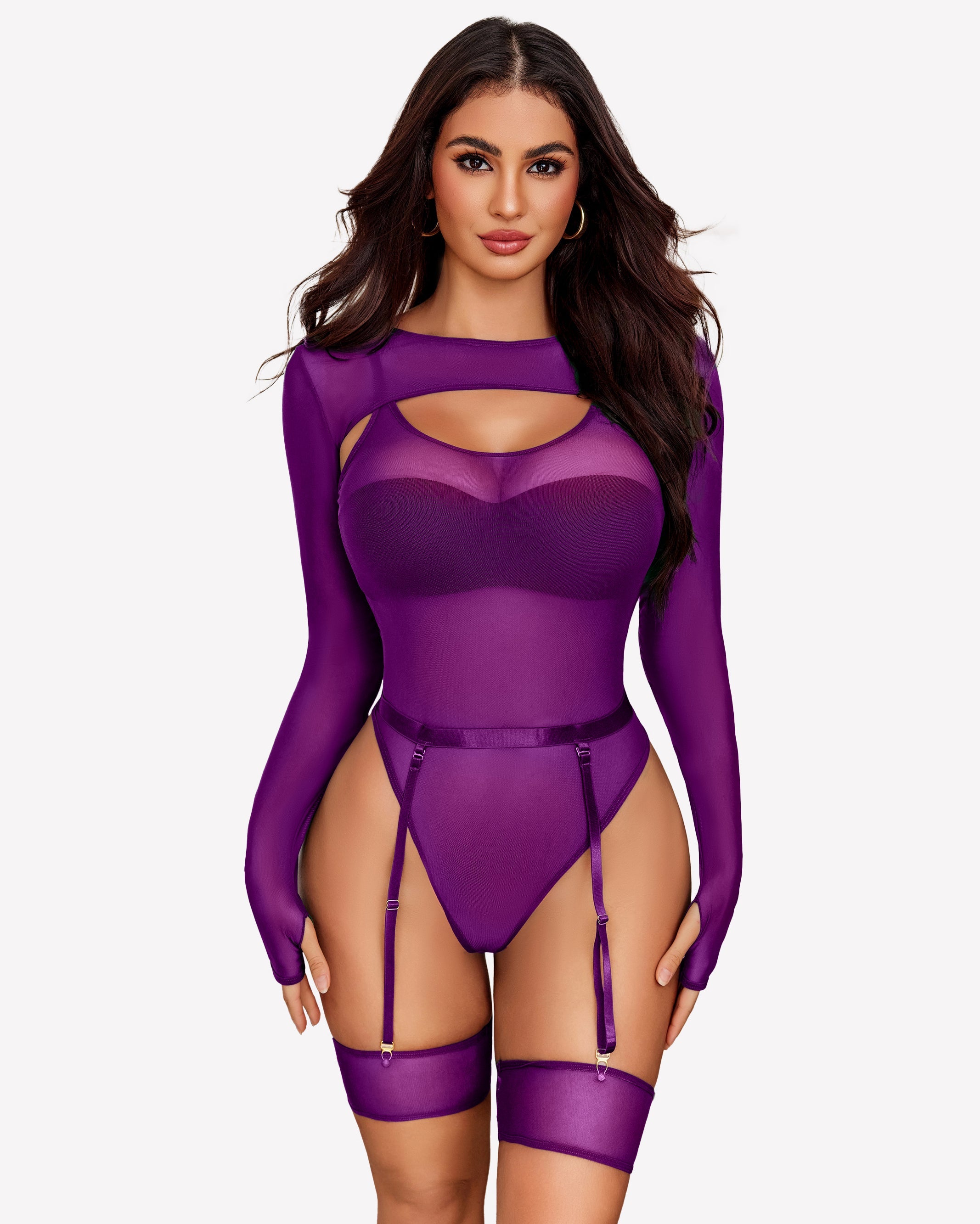 Long Sleeve Mesh Top Teddy Sheer Leotards