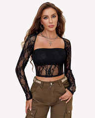 Mesh Tops Lace Long Sleeve Crop Top Shirt