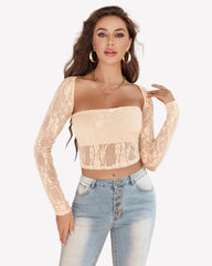 Mesh Tops Lace Long Sleeve Crop Top Shirt