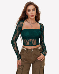 Mesh Tops Lace Long Sleeve Crop Top Shirt
