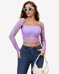 Mesh Tops Lace Long Sleeve Crop Top Shirt