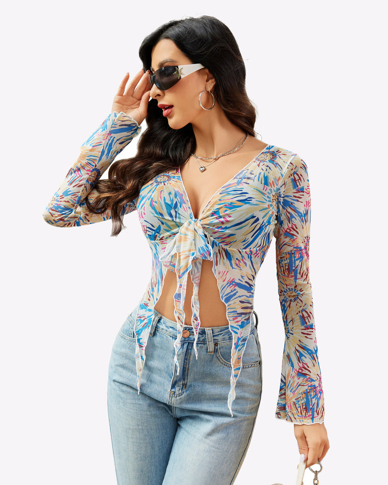 Mesh Crop Top Y2K Tie Front Tops