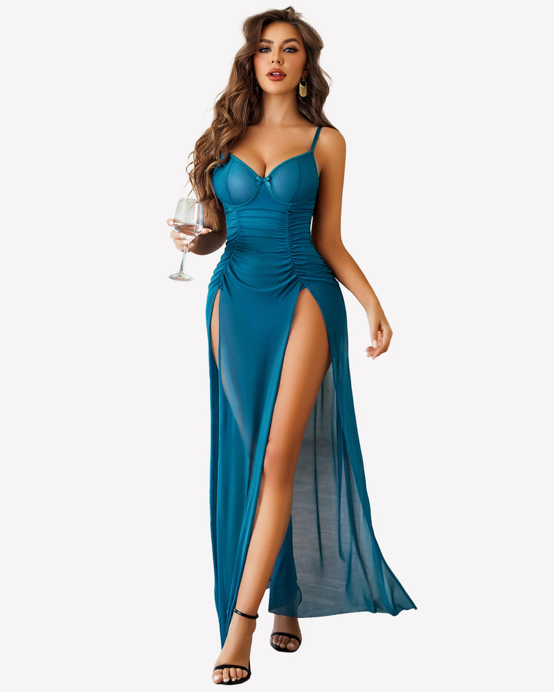 Mesh FSlit Pleated Dress with Underwire