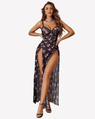 Mesh FSlit Pleated Dress with Underwire