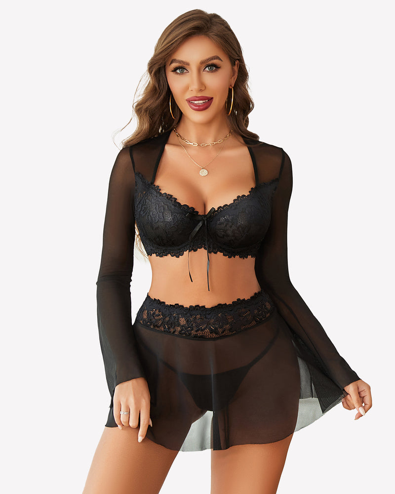 Contrast Lace Mesh Lingerie Set