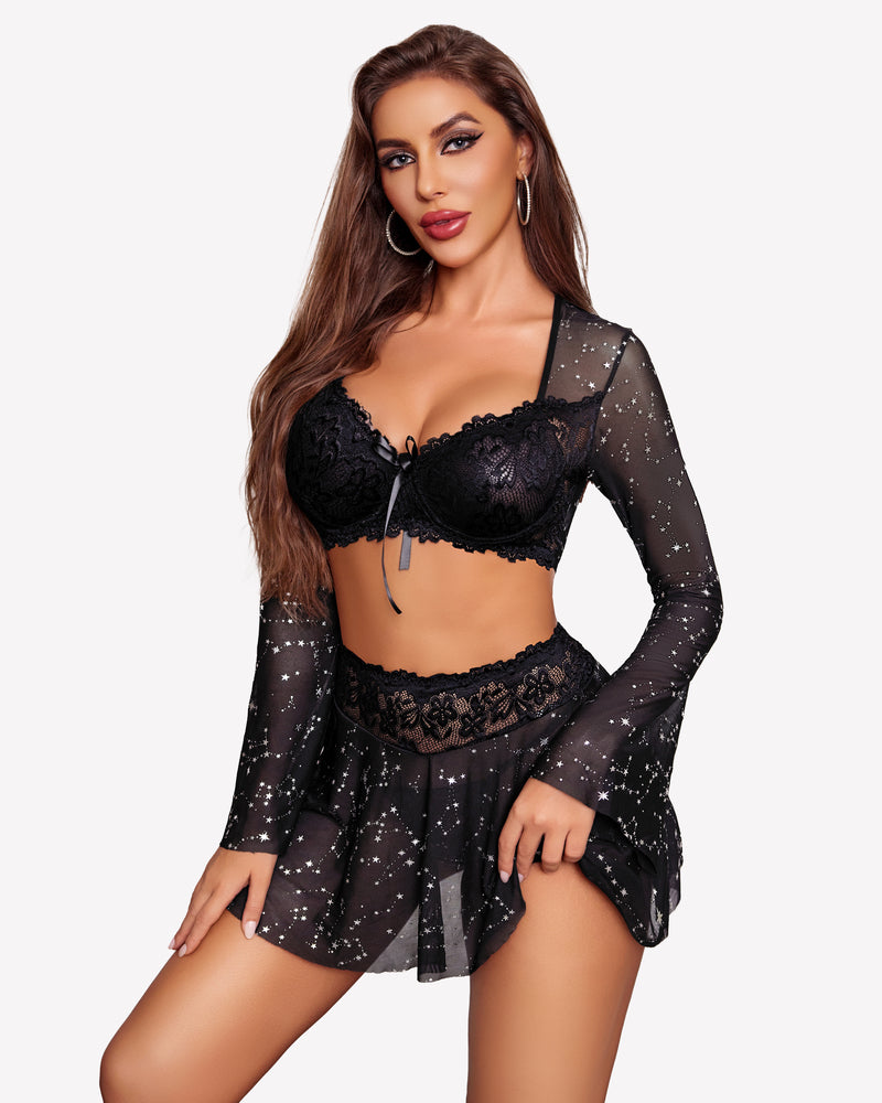 Contrast Lace Mesh Lingerie Set
