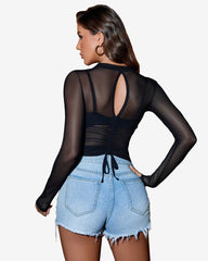 Sheer Blouse Hollow Drawstring Shirt