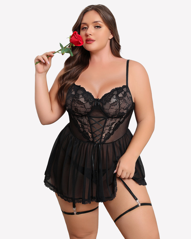 Plus Size Lace Babydoll with Garter Belt