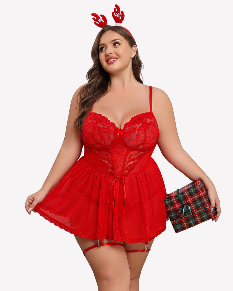 Plus Size Lace Babydoll with Garter Belt