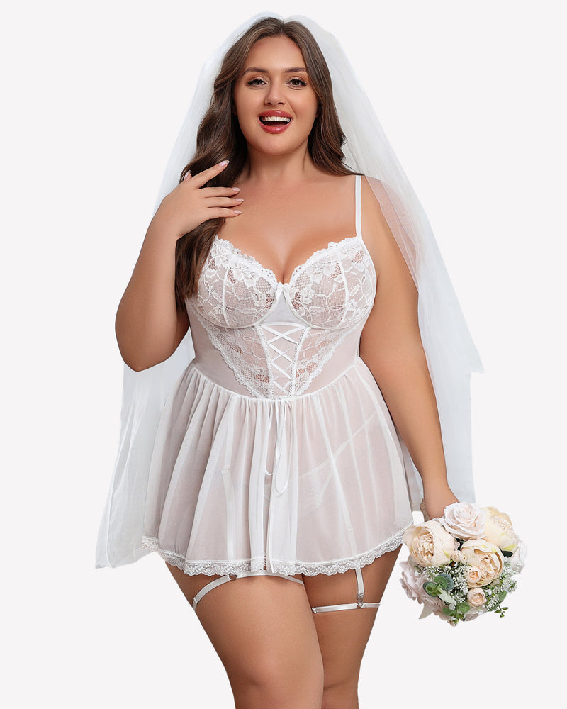 Plus Size Lace Babydoll with Garter Belt