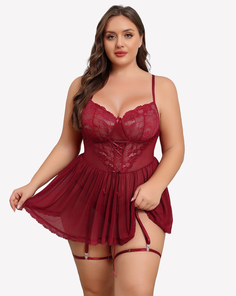 Plus Size Lace Babydoll with Garter Belt