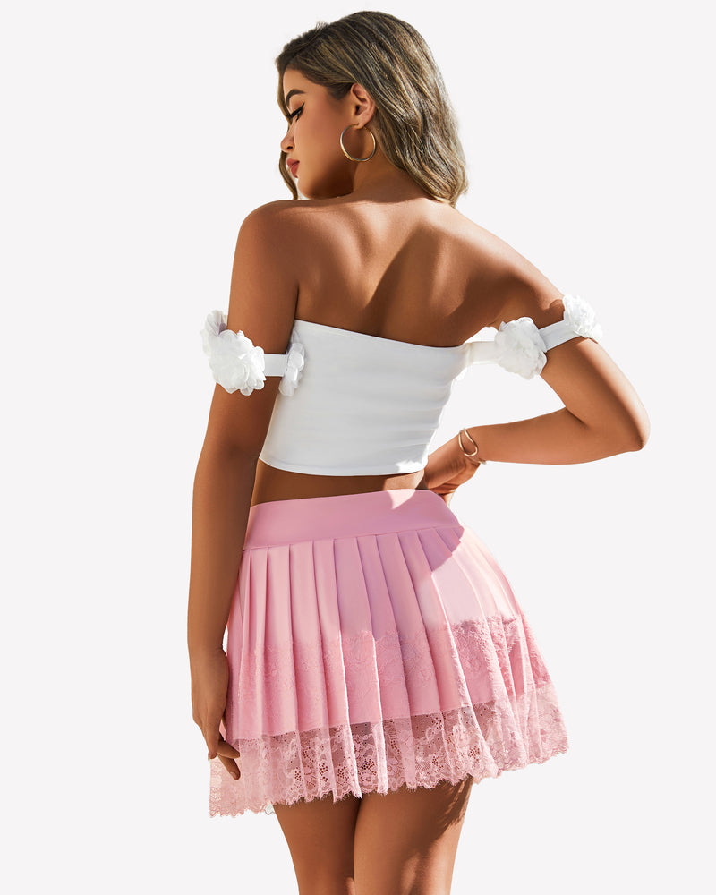 Pleated Lace High Waist Mini Skirts