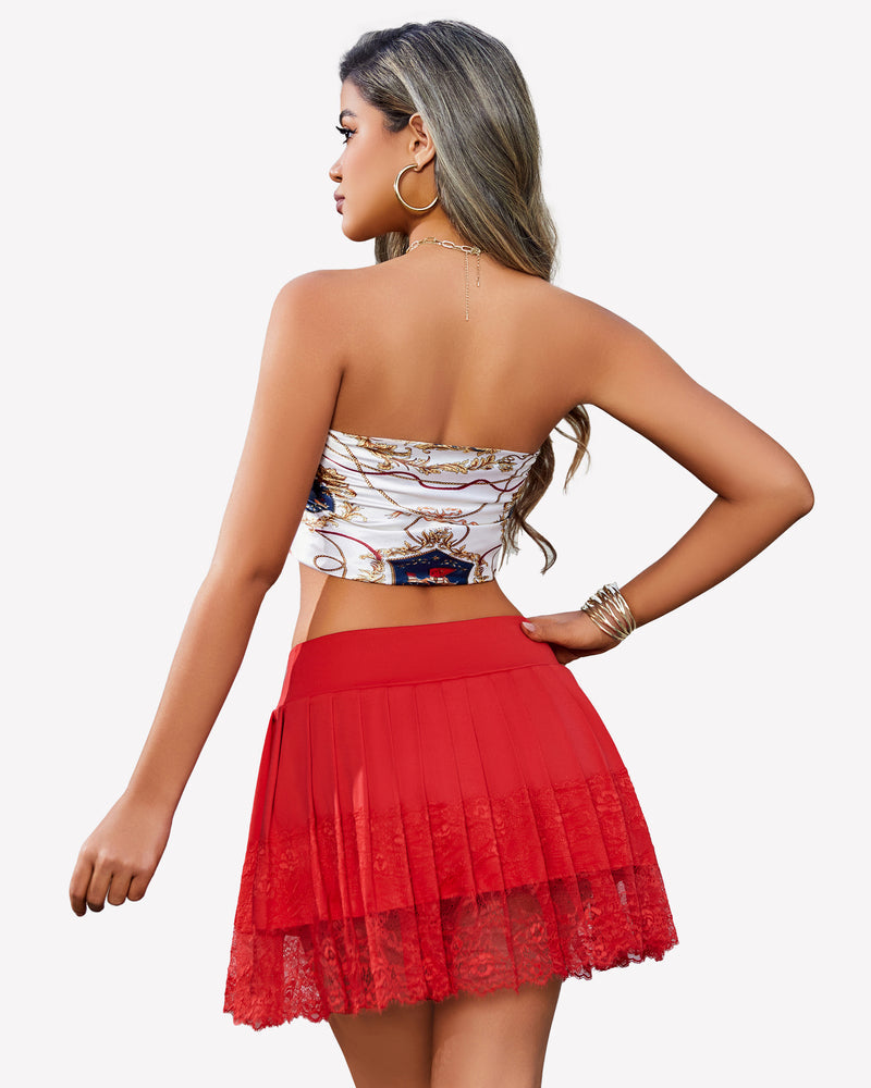 Pleated Lace High Waist Mini Skirts