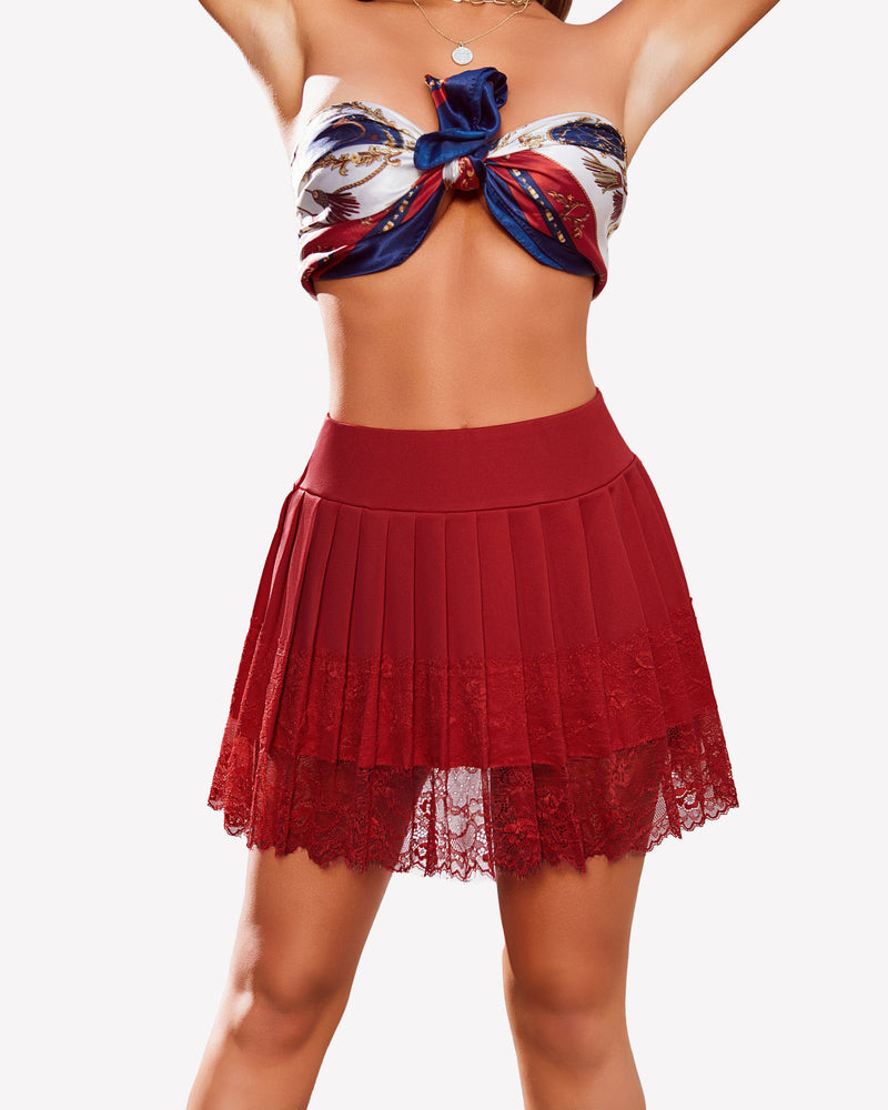 Pleated Lace High Waist Mini Skirts