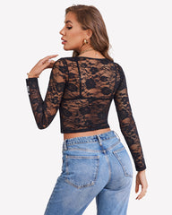 Mesh Long Sleeve Crop Top with Bra Set