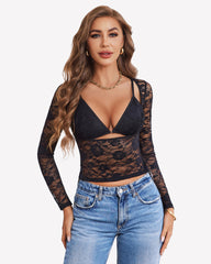 Mesh Long Sleeve Crop Top with Bra Set