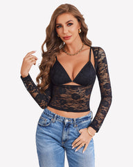 Mesh Long Sleeve Crop Top with Bra Set