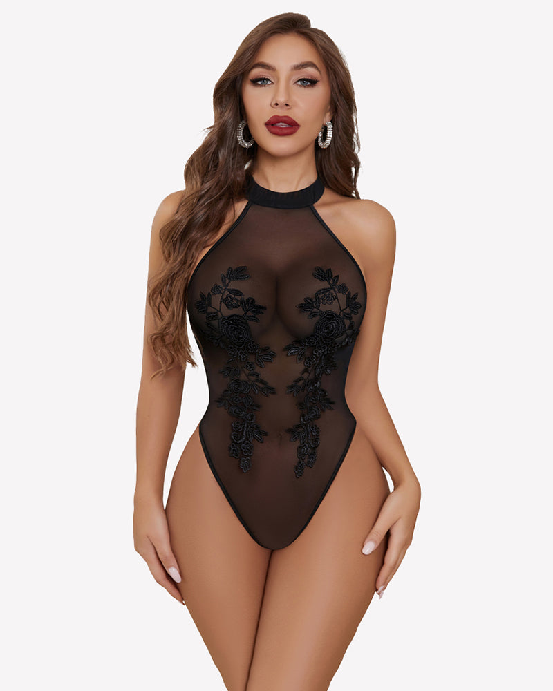 Mesh Sheer Emboroidered Bodysuit